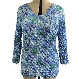 VTG Bubble TEXTURED Floral Pullover Top – Blue/Green Rosette Effect, Hand‑Wash